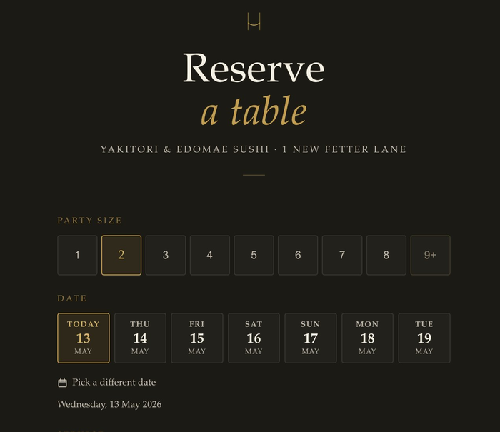 Hanna AI direct booking form — party size selector and 7-day date picker on hotori.co.uk reservations page