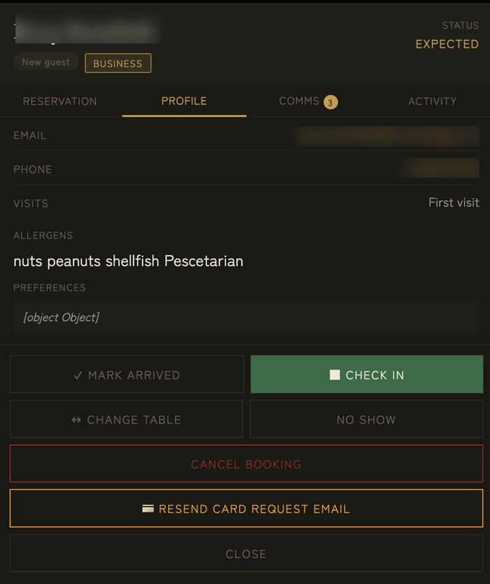 Hanna AI guest profile showing allergens nuts peanuts shellfish and Pescetarian diet captured at booking